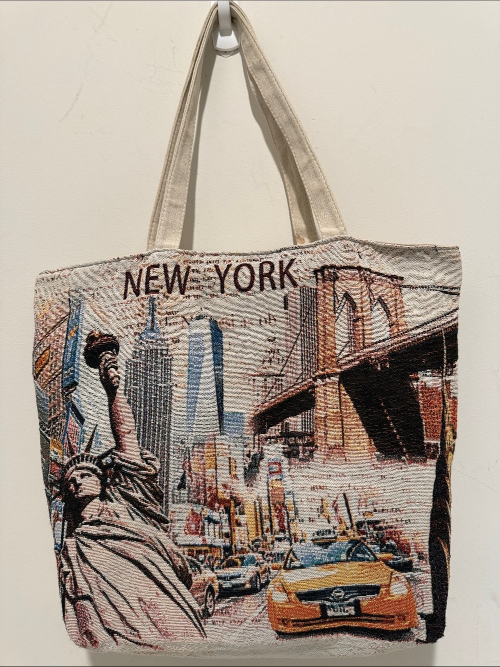 New York City Print Canvas Tote - Beige with Yellow Accent
